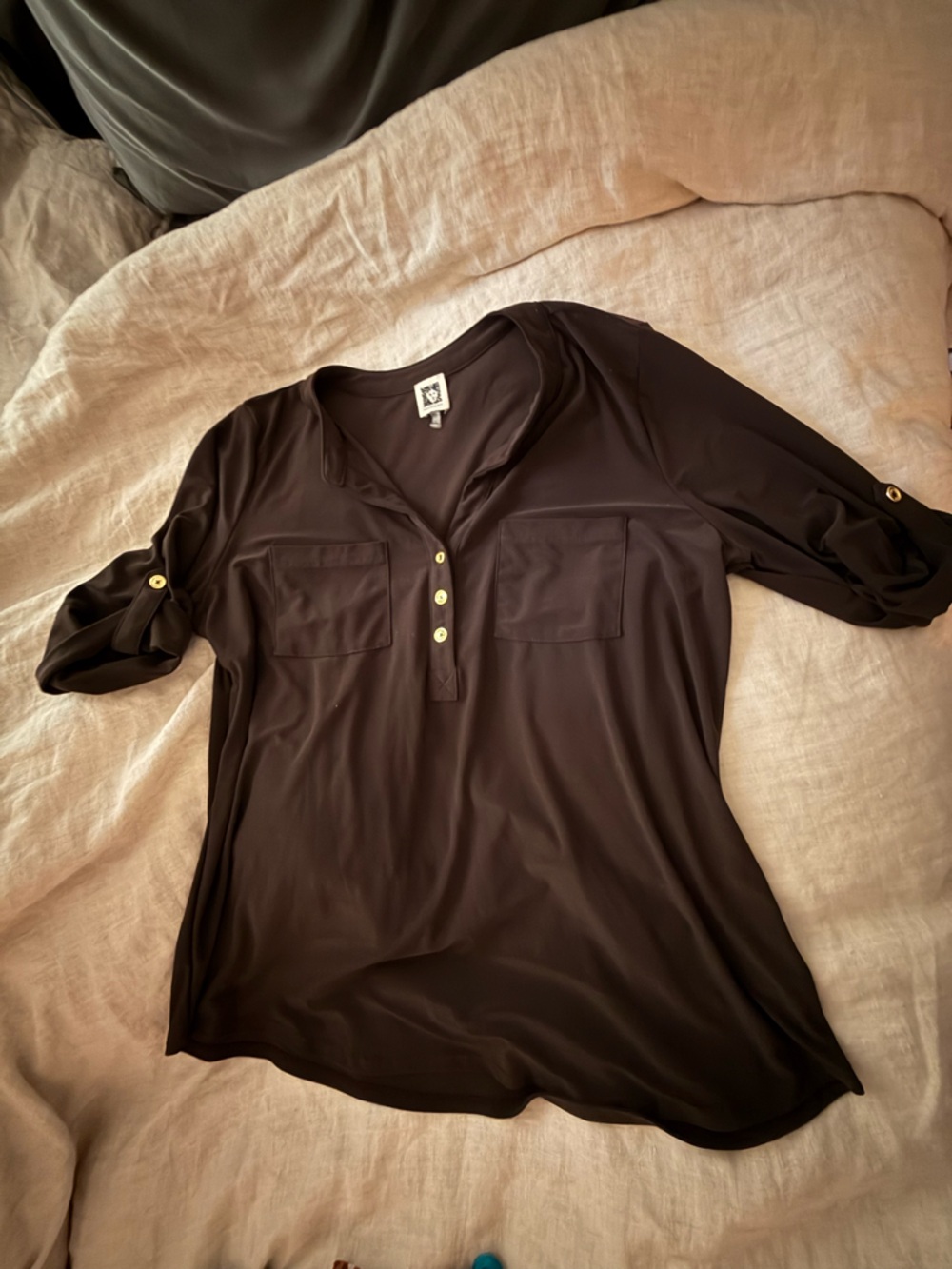Anne Klein Brown Button-Front Roll-Sleeve Blouse